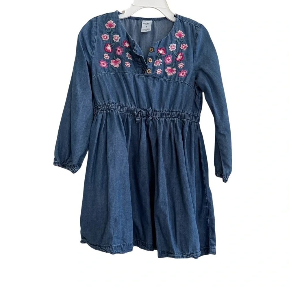Carter's Blue Floral Embroidered Chambray Dress Toddler Girl Size 4/4T